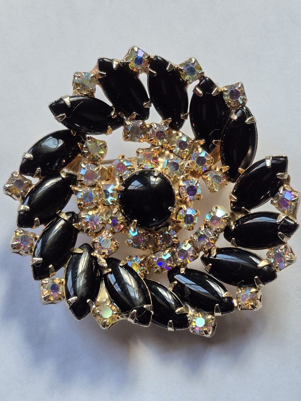 Vintage Black And Aurora Borealis Rhinestone Brooch